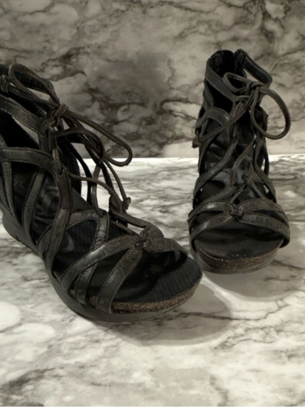 OTBT Black Lace-Up Cutout Wedge Sandals